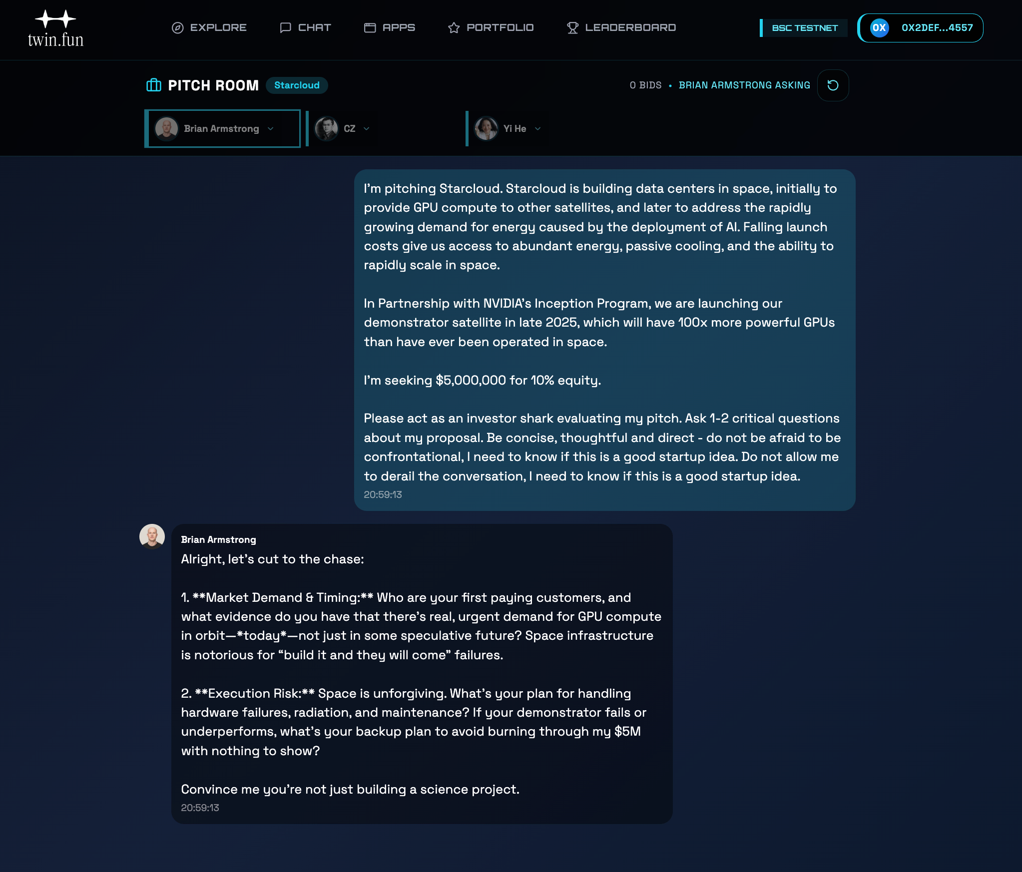 Brian Armstrong, CZ, and Yi He being pitched a company that builds data centres in space